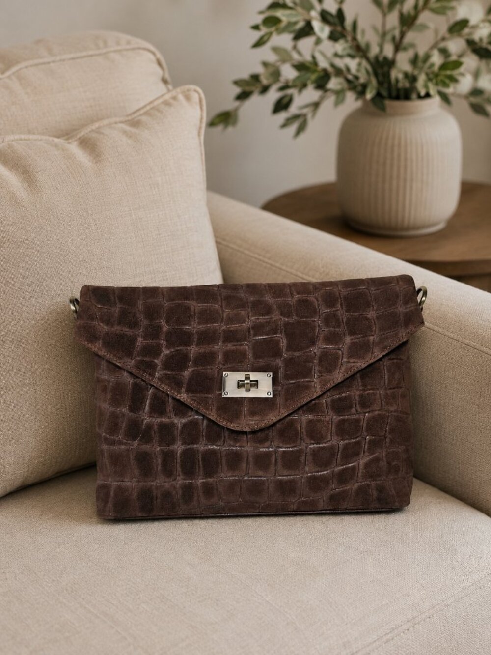 Italian Croc Embossed Leather Bag, Brown Suede Envelope Shoulder Bag
